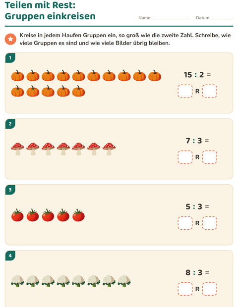 Vorschau: Teilen mit Rest-Arbeitsblatt mit Gemüse für 3. Klasse