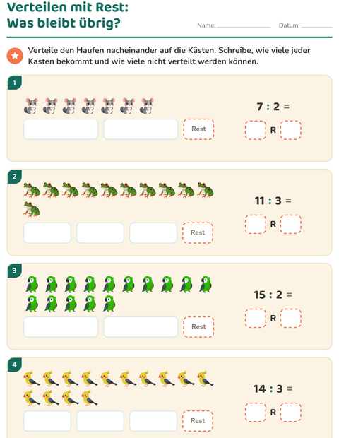 Vorschau: Teilen mit Rest-Arbeitsblatt mit Haustiere für 3. Klasse