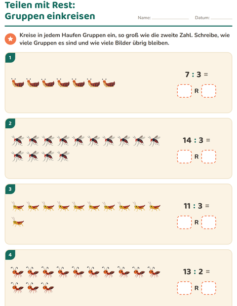 Vorschau: Teilen mit Rest-Arbeitsblatt mit Insekten und Käfer für 3. Klasse