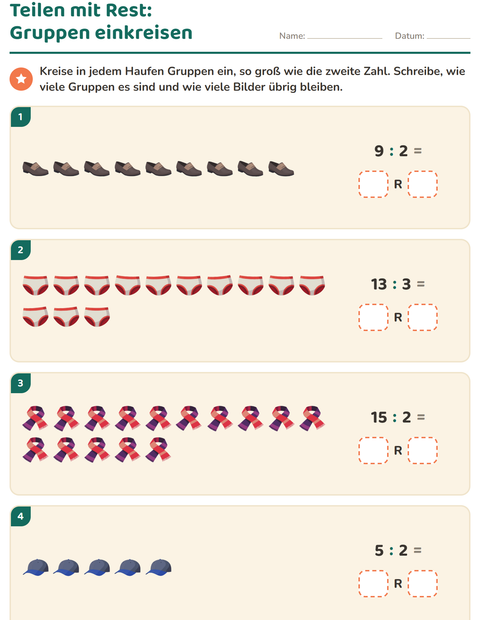 Vorschau: Teilen mit Rest-Arbeitsblatt mit Kleidung für 3. Klasse