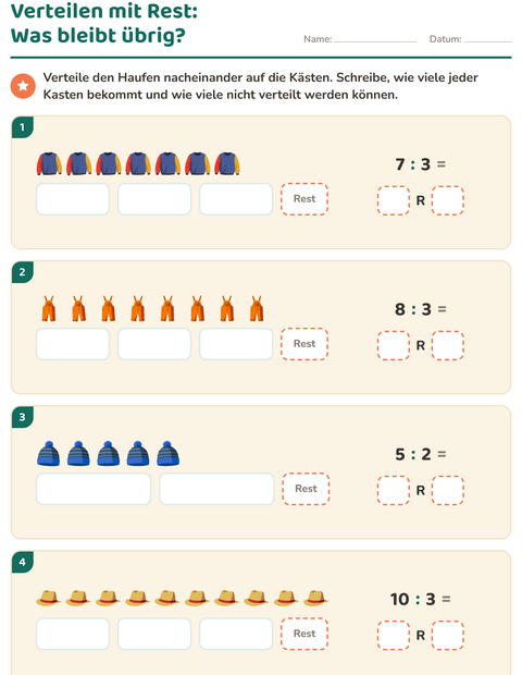 Vorschau: Teilen mit Rest-Arbeitsblatt mit Kleidung für 3. Klasse