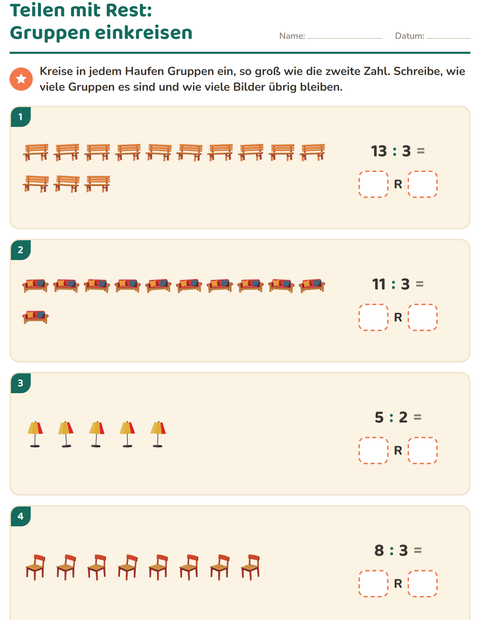Vorschau: Teilen mit Rest-Arbeitsblatt mit Möbel für 3. Klasse