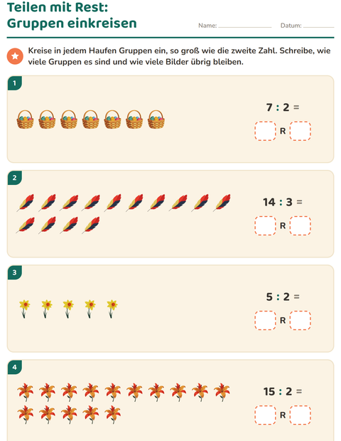 Vorschau: Teilen mit Rest-Arbeitsblatt mit Ostern für 3. Klasse