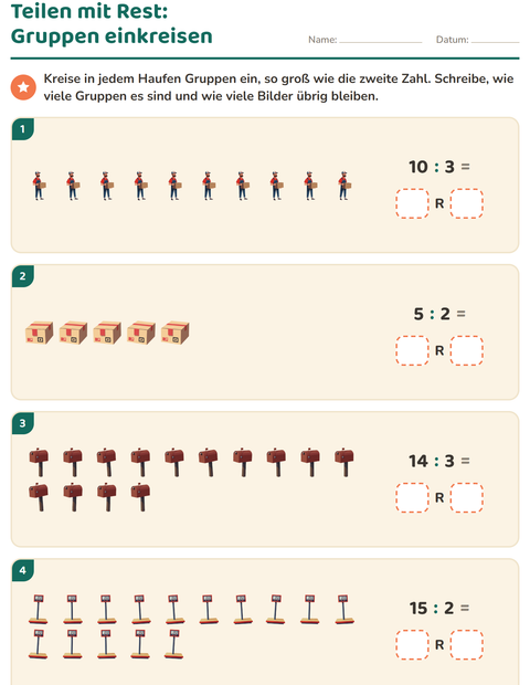 Vorschau: Teilen mit Rest-Arbeitsblatt mit Postamt für 3. Klasse