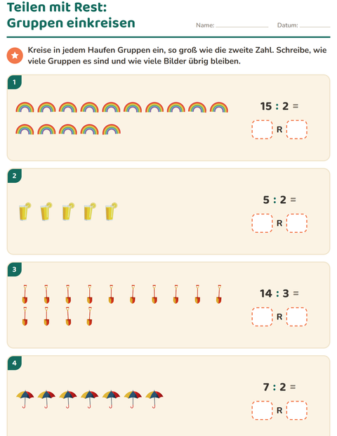 Vorschau: Teilen mit Rest-Arbeitsblatt mit Sommer für 3. Klasse