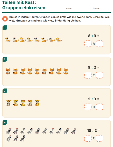 Vorschau: Teilen mit Rest-Arbeitsblatt mit Tiere für 3. Klasse