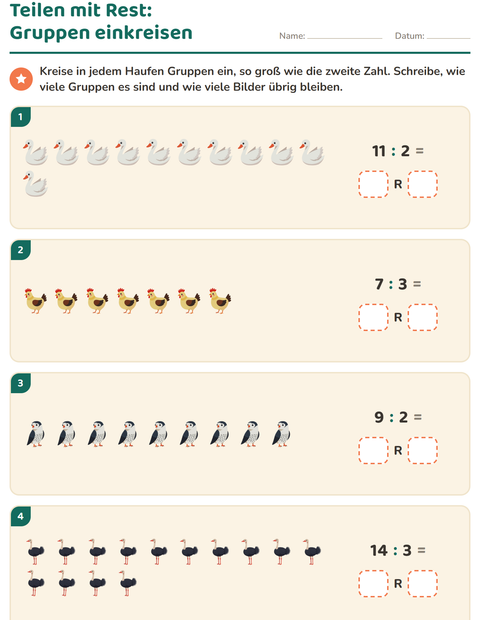 Vorschau: Teilen mit Rest-Arbeitsblatt mit Vögel 2 für 3. Klasse