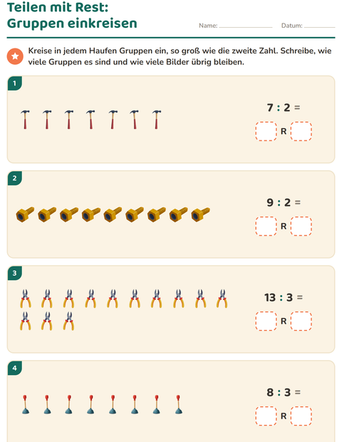 Vorschau: Teilen mit Rest-Arbeitsblatt mit Werkzeuge für 3. Klasse