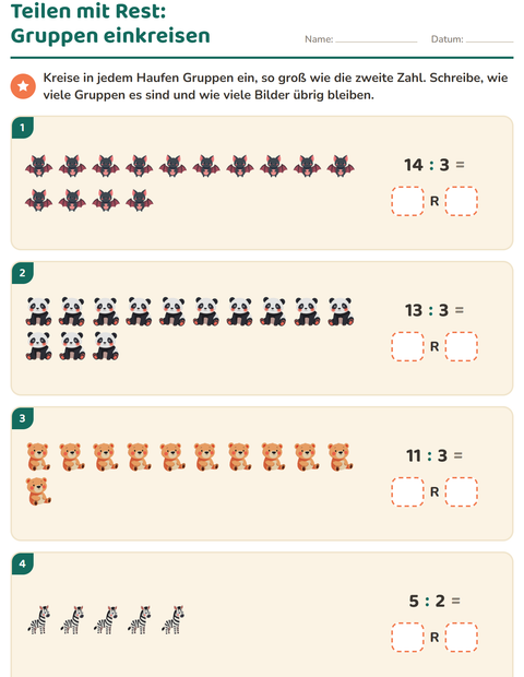 Vorschau: Teilen mit Rest-Arbeitsblatt mit Zootiere für 3. Klasse