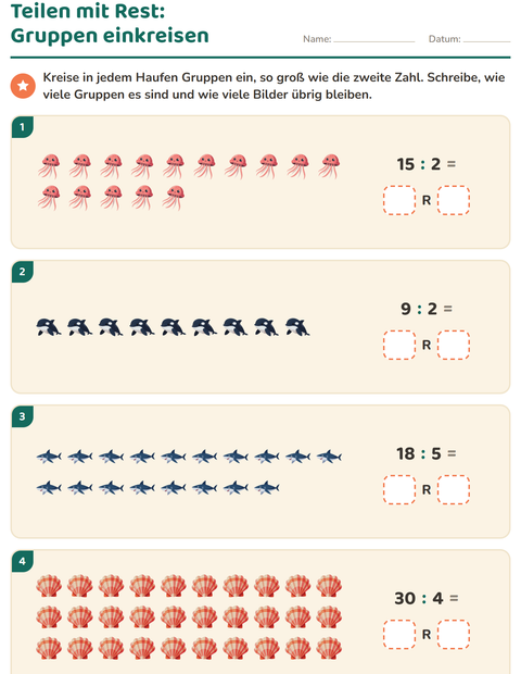 Vorschau: Teilen mit Rest-Arbeitsblatt mit Meeresleben für 3. Klasse