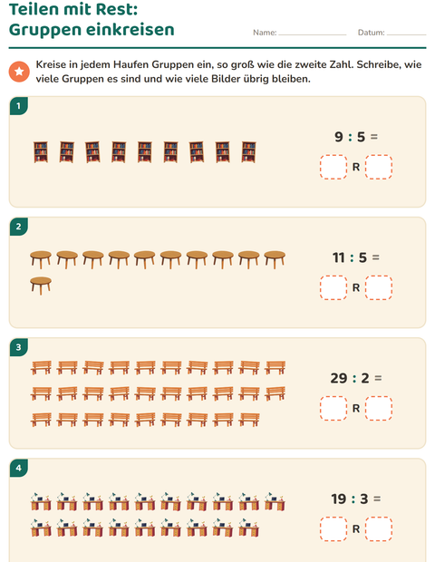 Vorschau: Teilen mit Rest-Arbeitsblatt mit Möbel für 3. Klasse