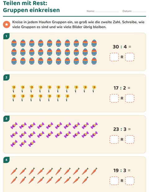 Vorschau: Teilen mit Rest-Arbeitsblatt mit Ostern für 3. Klasse