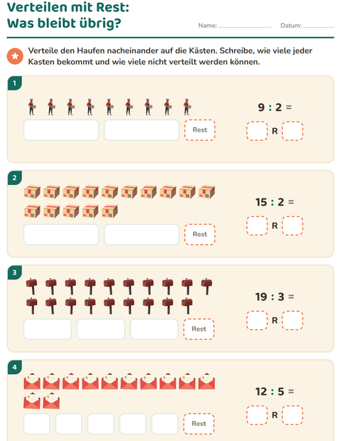 Vorschau: Teilen mit Rest-Arbeitsblatt mit Postamt für 3. Klasse
