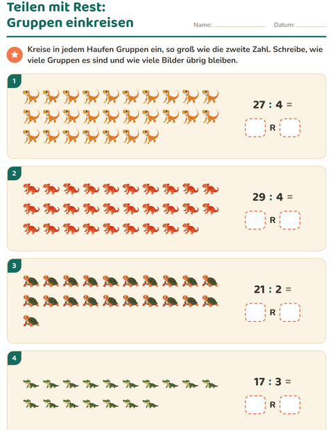 Vorschau: Teilen mit Rest-Arbeitsblatt mit Reptilien und Amphibien für 3. Klasse