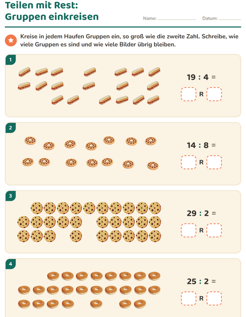 Vorschau: Teilen mit Rest-Arbeitsblatt mit Bäckerei für 3. Klasse