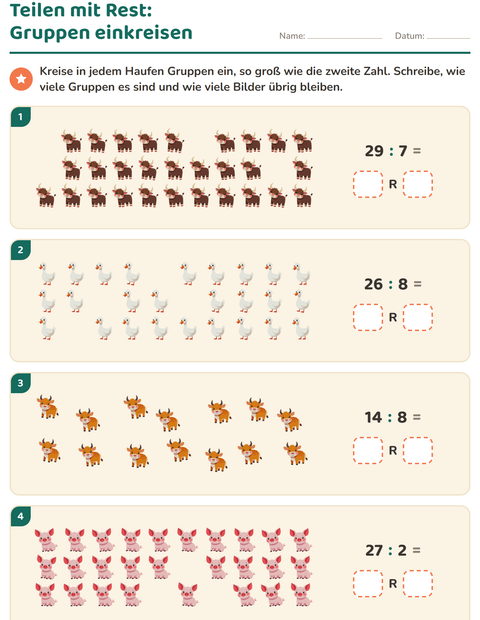 Vorschau: Teilen mit Rest-Arbeitsblatt mit Bauernhoftiere für 3. Klasse