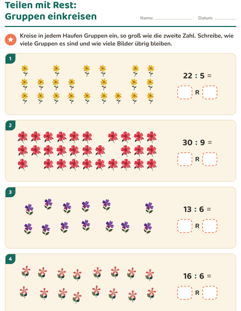 Vorschau: Teilen mit Rest-Arbeitsblatt mit Blumen für 3. Klasse