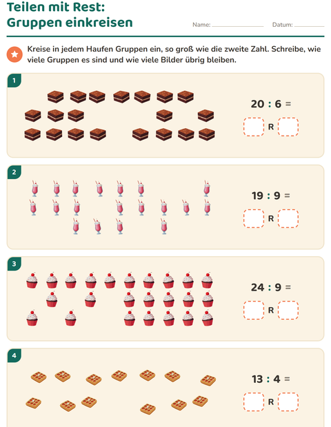 Vorschau: Teilen mit Rest-Arbeitsblatt mit Desserts und Süßigkeiten für 3. Klasse
