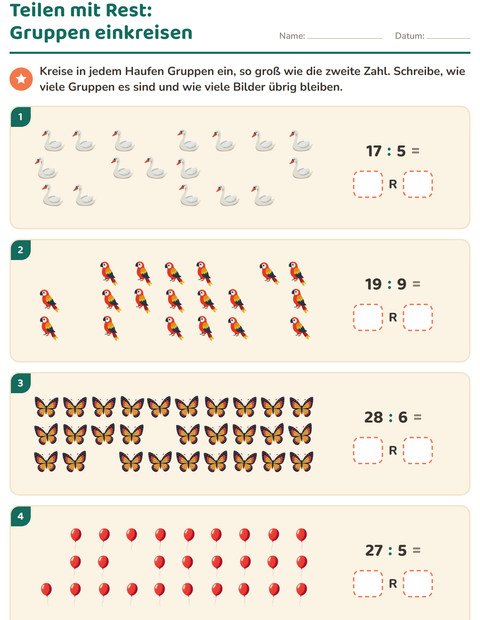 Vorschau: Teilen mit Rest-Arbeitsblatt mit Dinge die fliegen für 3. Klasse