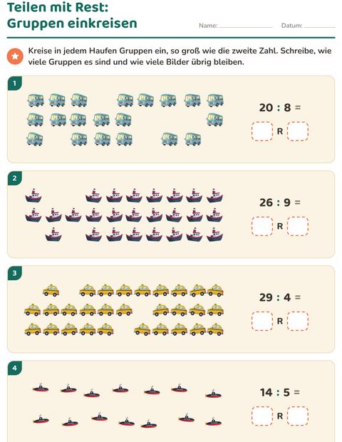 Vorschau: Teilen mit Rest-Arbeitsblatt mit Fahrzeuge für 3. Klasse
