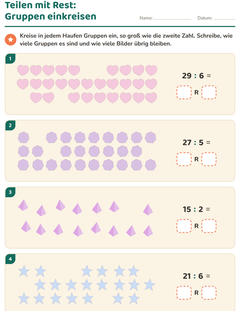 Vorschau: Teilen mit Rest-Arbeitsblatt mit Formen für 3. Klasse