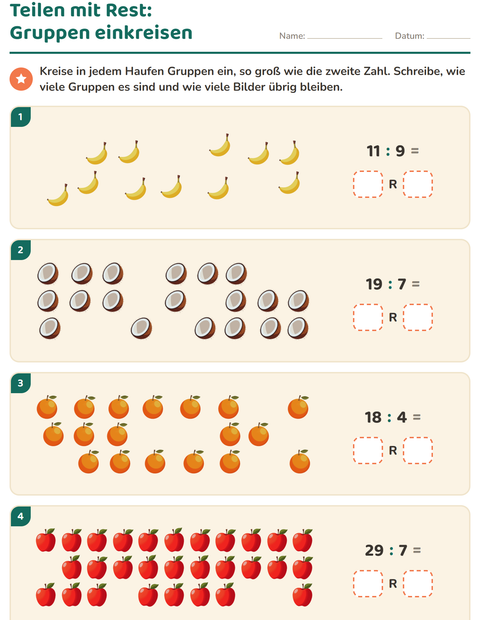 Vorschau: Teilen mit Rest-Arbeitsblatt mit Früchte für 3. Klasse