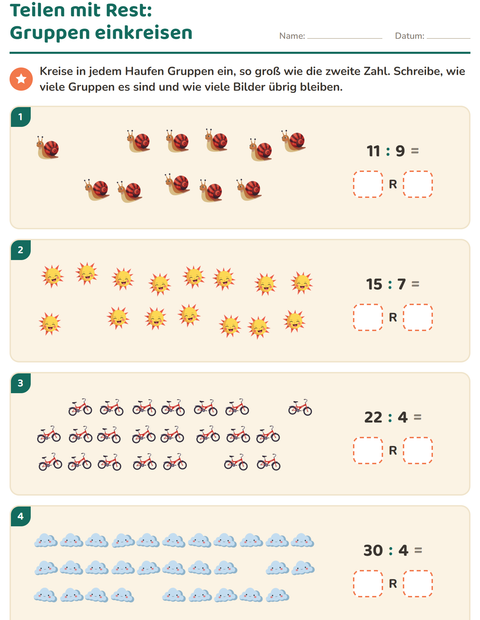 Vorschau: Teilen mit Rest-Arbeitsblatt mit Frühling für 3. Klasse