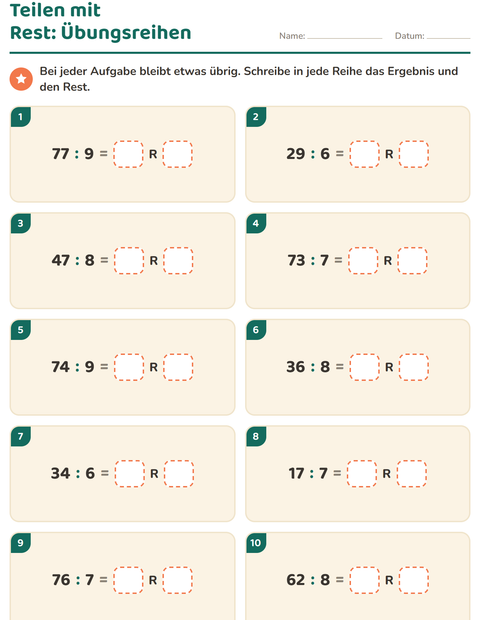 Vorschau: Teilen mit Rest-Arbeitsblatt für 3. Klasse