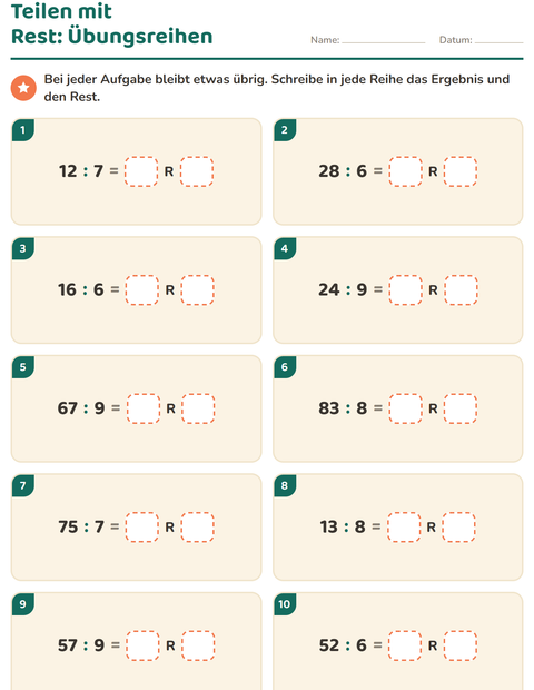 Vorschau: Teilen mit Rest-Arbeitsblatt für 3. Klasse