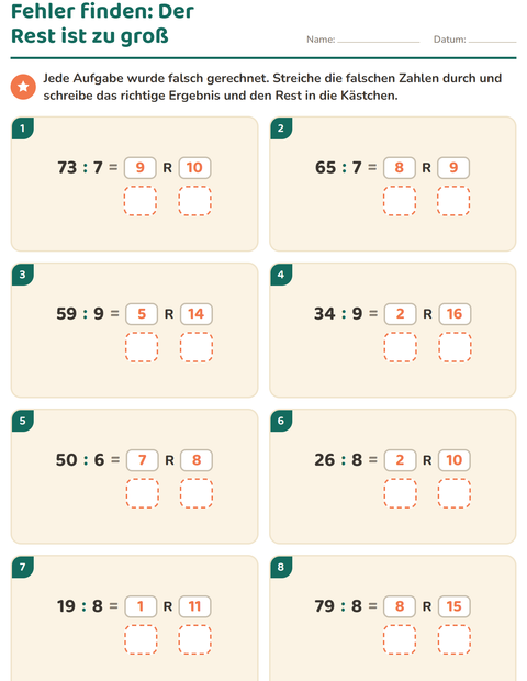 Vorschau: Teilen mit Rest-Arbeitsblatt für 3. Klasse