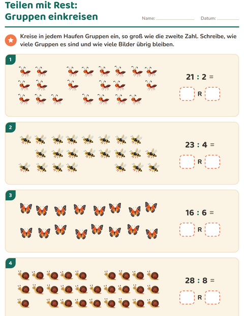 Vorschau: Teilen mit Rest-Arbeitsblatt mit Insekten und Käfer für 3. Klasse