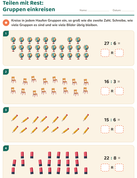Vorschau: Teilen mit Rest-Arbeitsblatt mit Klassenzimmer für 3. Klasse