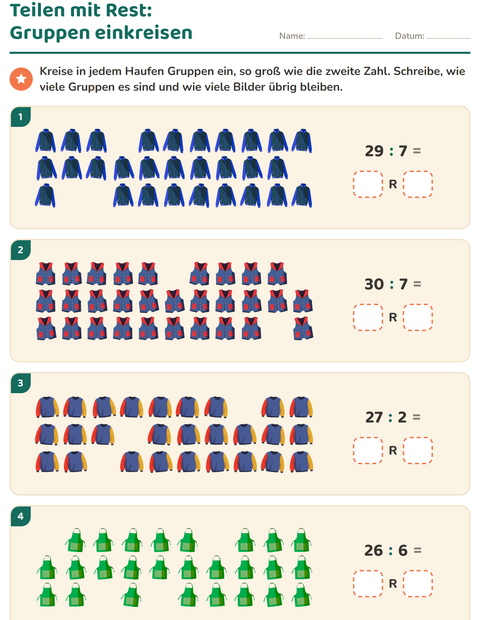 Vorschau: Teilen mit Rest-Arbeitsblatt mit Kleidung für 3. Klasse
