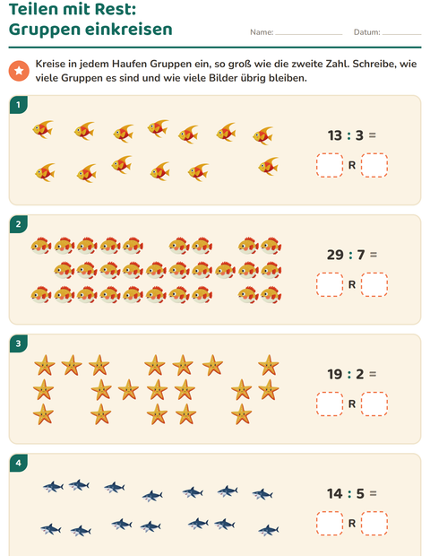 Vorschau: Teilen mit Rest-Arbeitsblatt mit Meeresleben für 3. Klasse