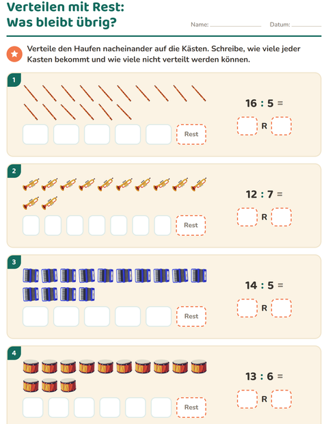 Vorschau: Teilen mit Rest-Arbeitsblatt mit Musik für 3. Klasse