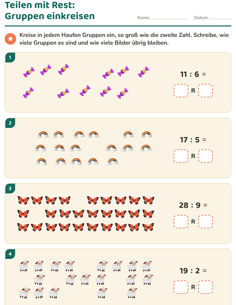 Vorschau: Teilen mit Rest-Arbeitsblatt mit Ostern für 3. Klasse