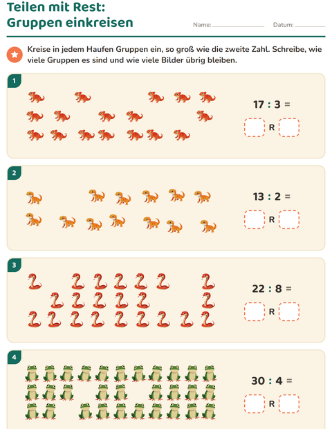 Vorschau: Teilen mit Rest-Arbeitsblatt mit Reptilien und Amphibien für 3. Klasse