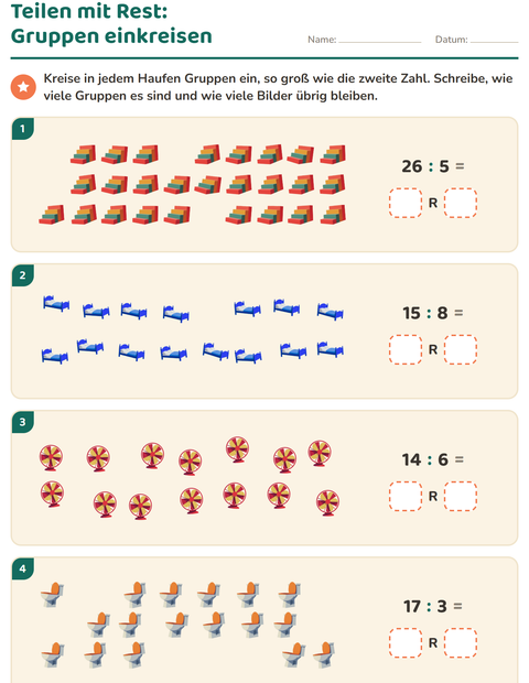 Vorschau: Teilen mit Rest-Arbeitsblatt mit Rund ums Haus für 3. Klasse