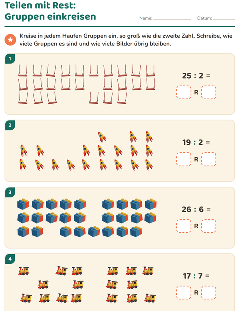 Vorschau: Teilen mit Rest-Arbeitsblatt mit Spielzeug für 3. Klasse