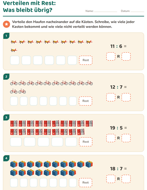 Vorschau: Teilen mit Rest-Arbeitsblatt mit Spielzeug für 3. Klasse