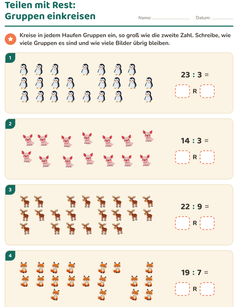 Vorschau: Teilen mit Rest-Arbeitsblatt mit Tiere für 3. Klasse