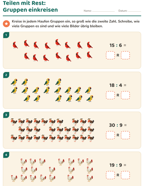 Vorschau: Teilen mit Rest-Arbeitsblatt mit Vögel 2 für 3. Klasse