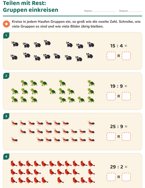 Vorschau: Teilen mit Rest-Arbeitsblatt mit Waldtiere für 3. Klasse