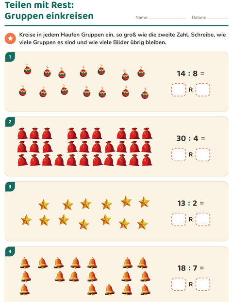 Vorschau: Teilen mit Rest-Arbeitsblatt mit Weihnachten für 3. Klasse