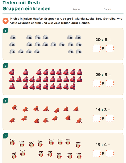 Vorschau: Teilen mit Rest-Arbeitsblatt mit Winter für 3. Klasse