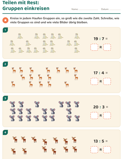 Vorschau: Teilen mit Rest-Arbeitsblatt mit Zootiere für 3. Klasse