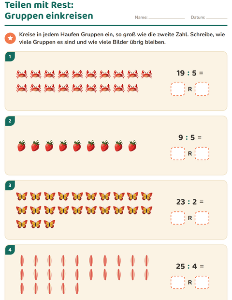 Vorschau: Teilen mit Rest-Arbeitsblatt mit Sommer für 3. Klasse
