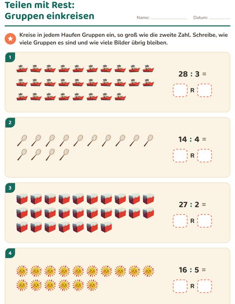 Vorschau: Teilen mit Rest-Arbeitsblatt mit Strand für 3. Klasse