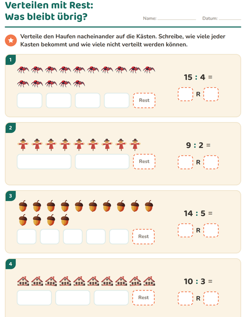 Vorschau: Teilen mit Rest-Arbeitsblatt mit Verschiedenes für 3. Klasse