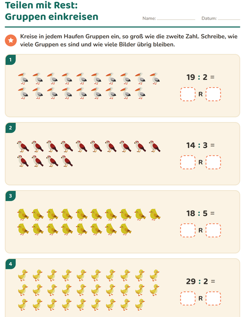 Vorschau: Teilen mit Rest-Arbeitsblatt mit Vögel 2 für 3. Klasse